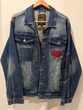 Von Dutch Blue Denim Trucker Jacket Men’s Sz. Large Distressed Patchwork NWT